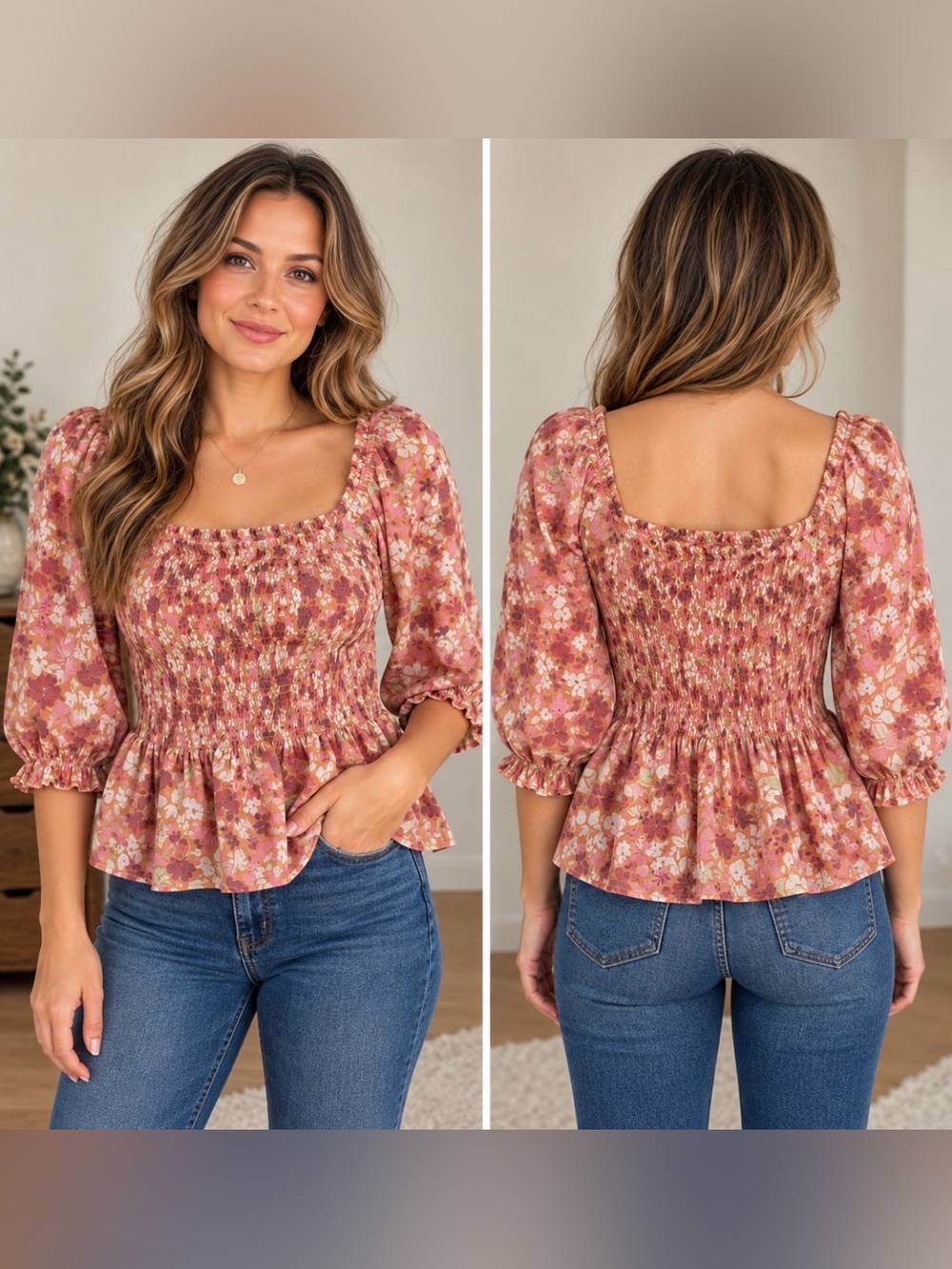 Nanette Lepore Floral Smocked Peplum Blouse Pink Boho Size L
